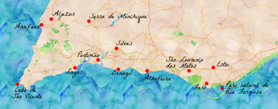 Carte des principaux sites touristiques de l'Algarve.