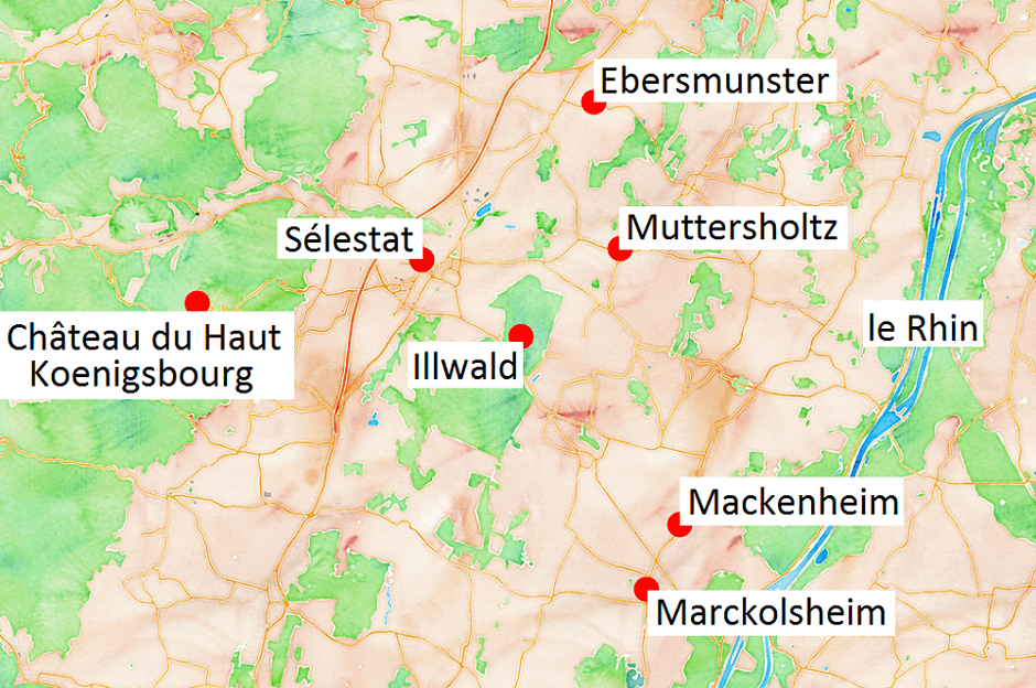 Carte des lieux à voir dans le Ried en Alsace.