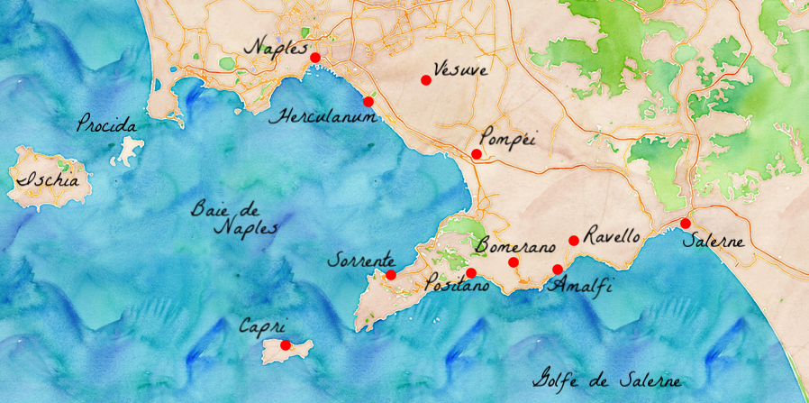 Carte des principaux site touristiques de la côte amalfitaine.