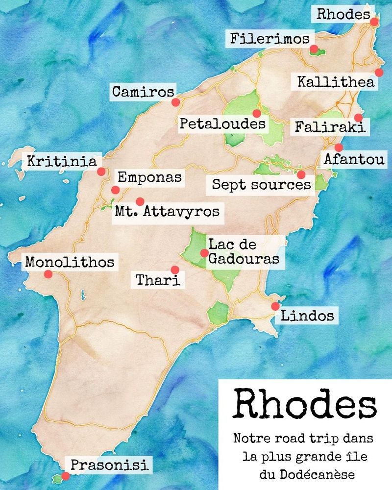 Carte touristique pour visiter l'île de Rhodes.