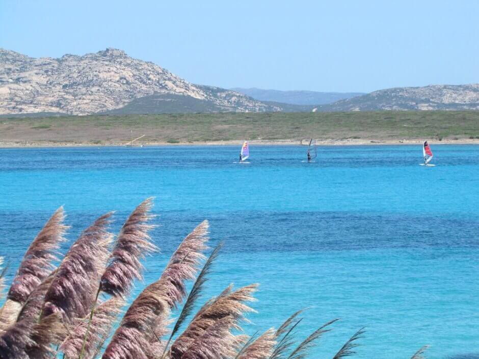 Planches à voile sur les eaux turquoises d'une plage de Sardaigne.