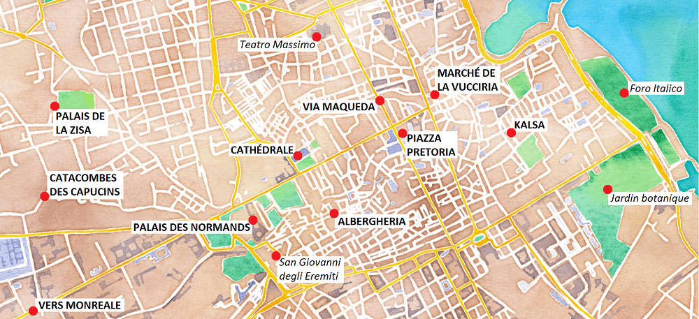 Carte des principaux lieux touristiques de Palerme.