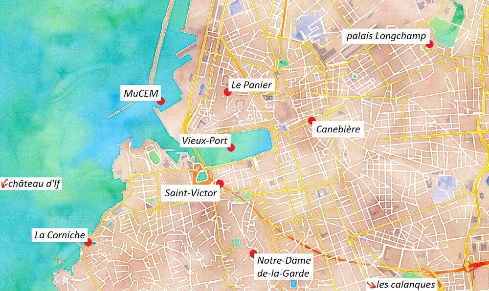 Carte des points touristiques de Marseille.