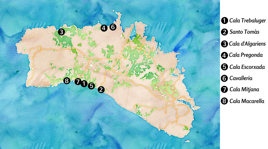 Carte touristique des belles plages de Minorque.