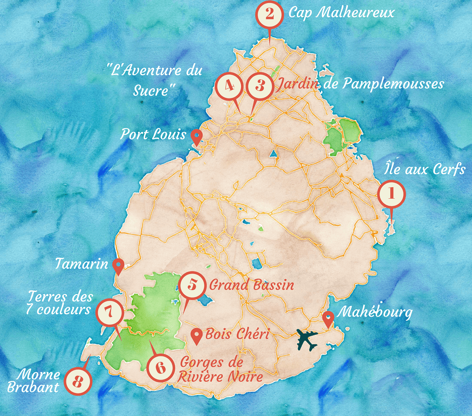 Carte des choses à voir à l'île Maurice.