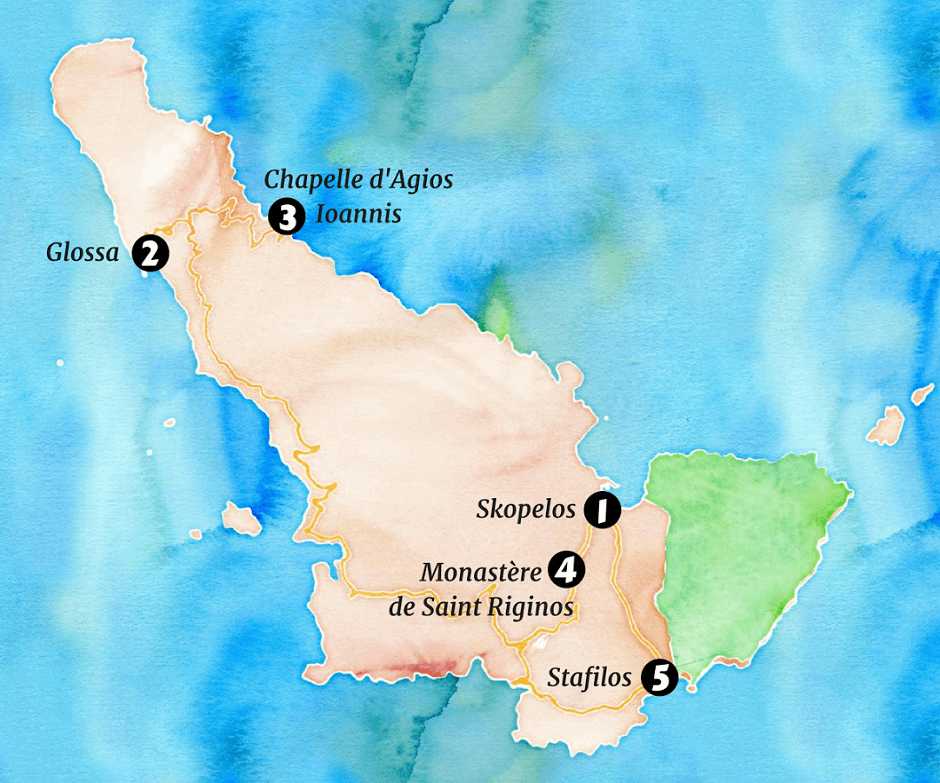 Carte touristique de l'île de Skopelos.