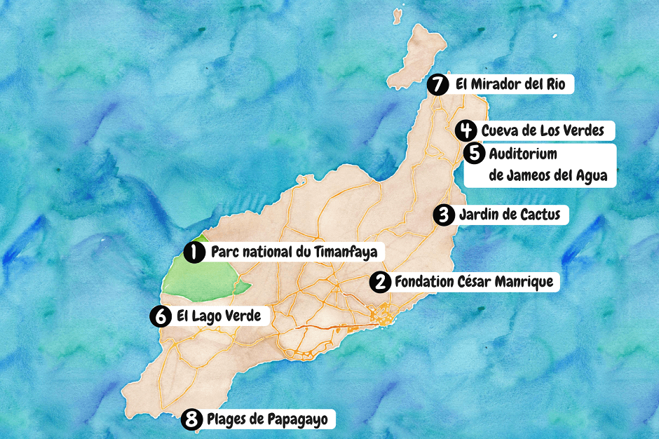 Carte des lieux à visiter à Lanzarote.