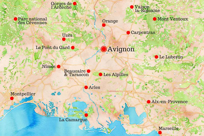 Carte touristique de la région d'Avignon.