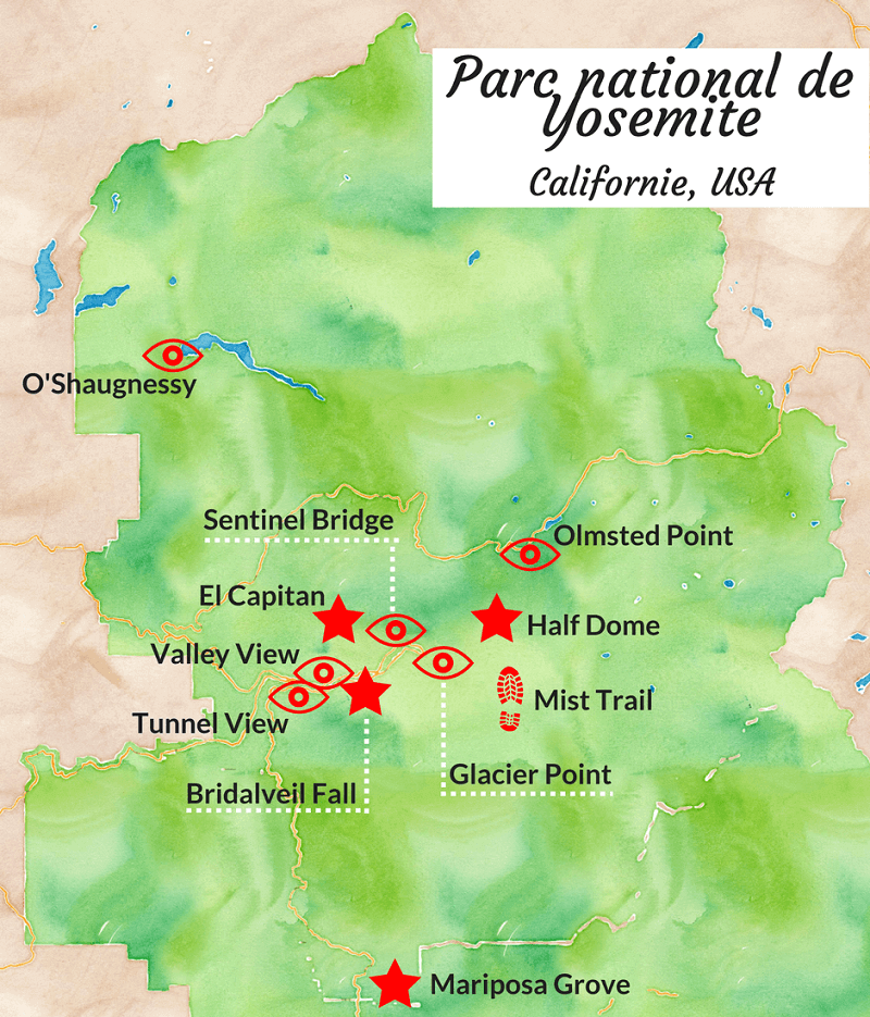 Carte touristique du parc national de Yosemite.