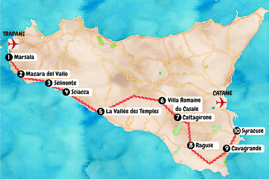 Carte touristique du sud de la Sicile.