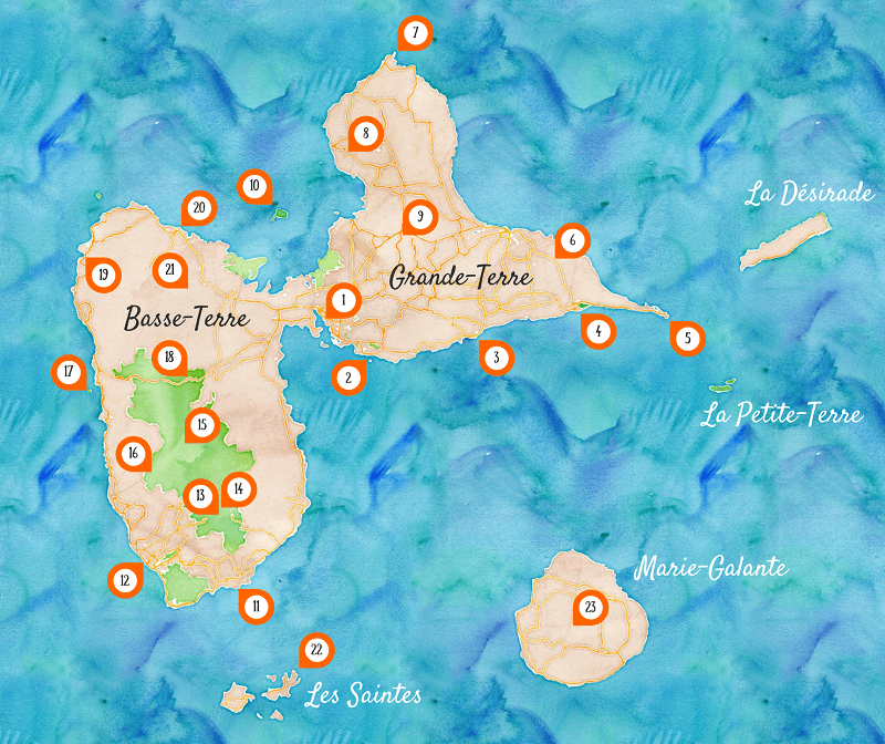 Carte des incontournables de la Guadeloupe.