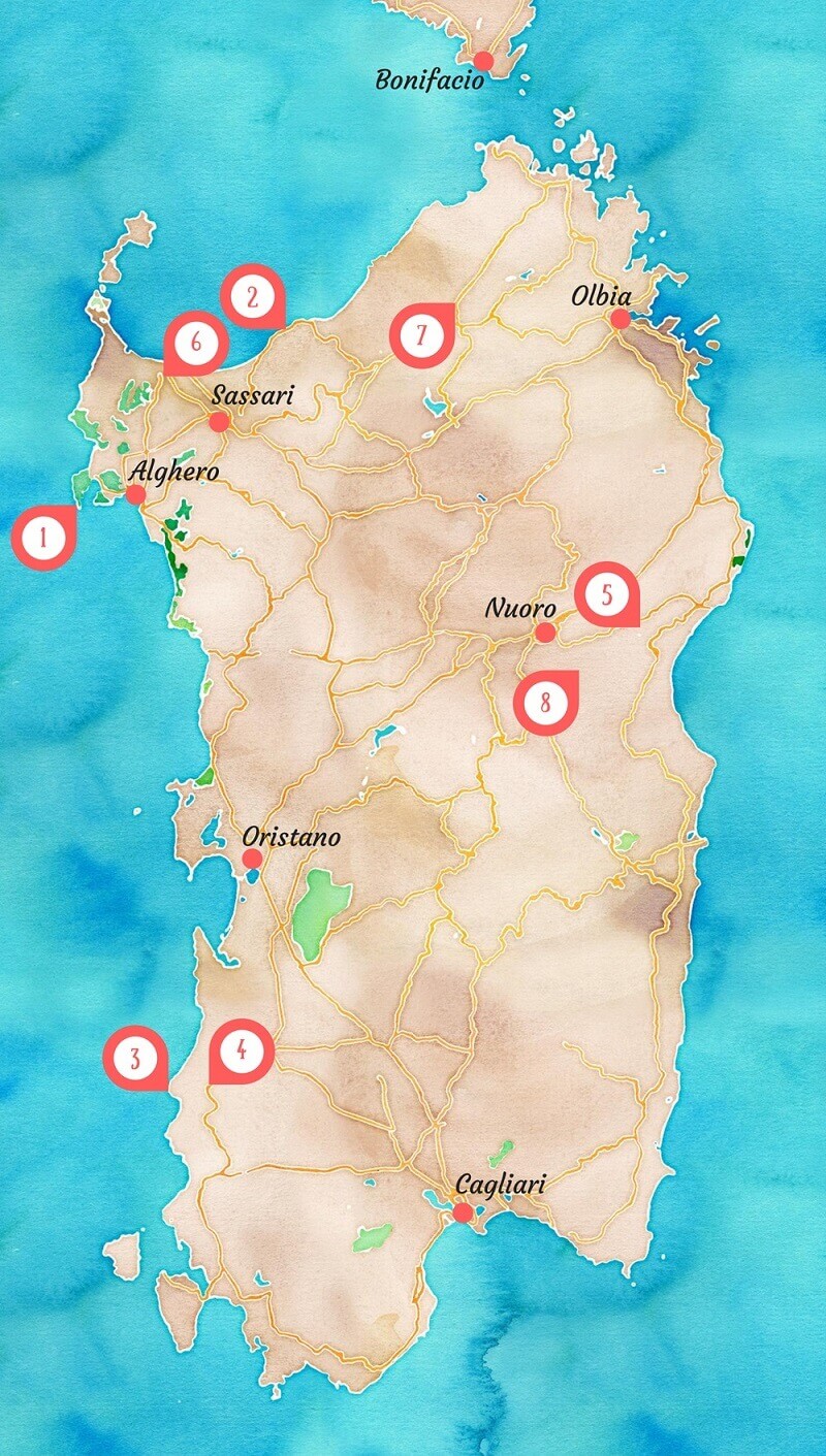 Carte des sites peu touristiques de Sardaigne.