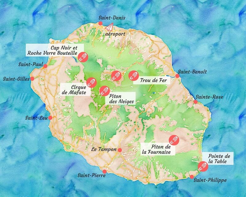 Carte des plus belles randonnées de La Réunion.