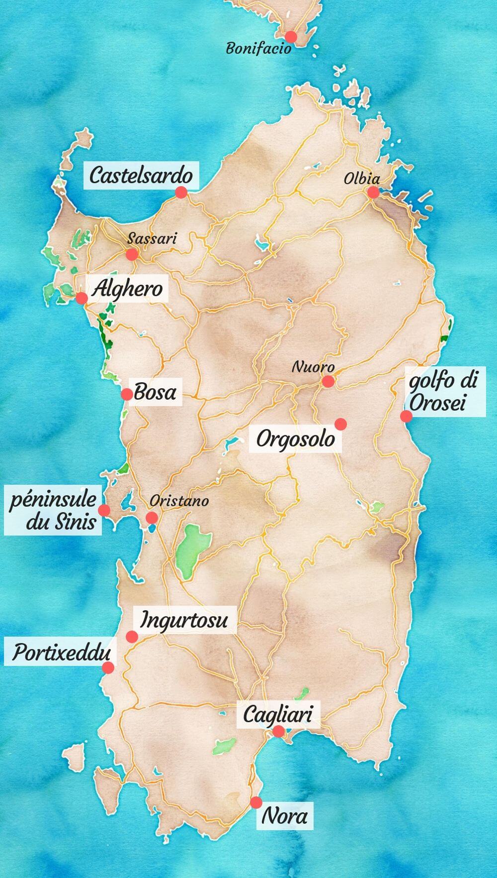 Carte touristique de la Sardaigne.