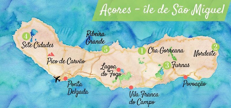 Carte touristique de l'île de Sao Miguel aux Açores.