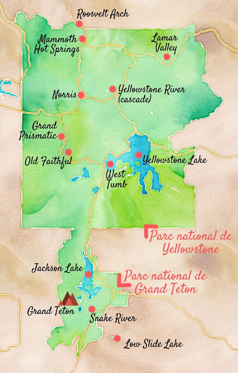 Carte touristique du parc de Yellowstone.