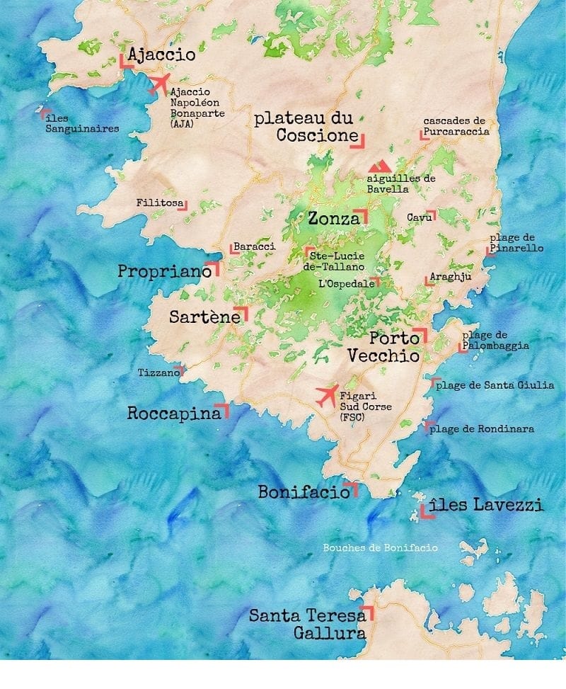 Carte touristique de la Corse du Sud.