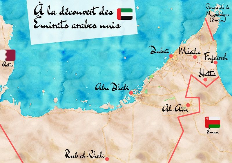 Carte touristique des Émirats arabes unis.