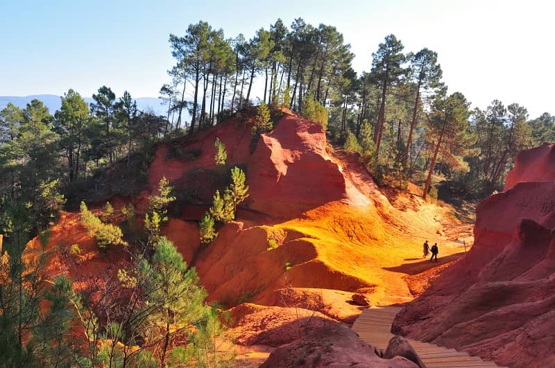 Vue d'une colline orangée avec des arbres.